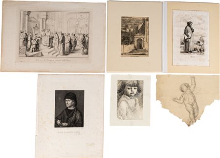 Lotto multiplo di cinque stampe e uno schizzo: