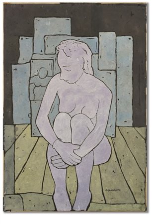 Felice Casorati "Nello studio" 1960 circa
tempera su cartoncino nero applicato s