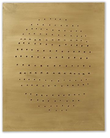 Lucio Fontana "Concetto spaziale" 1966-1967
olio su tela, oro
cm 92x73
Firmato i
