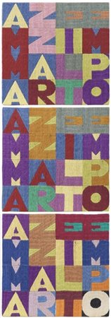 ALIGHIERO BOETTI "Ammazzare il tempo" 1979
ricamo su tessuto; tre elementi
cm 24