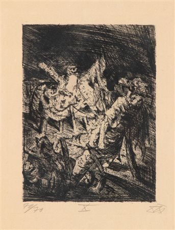 OTTO DIX
(Untermhaus 1891 - Singen 1969)
, X incisione (Drahtverhau vor dem Kampfgraben) tratta dalla serie "Der Krieg"  1923/24