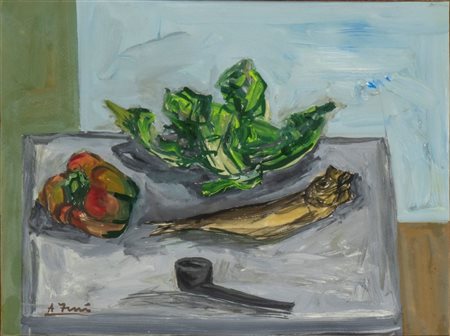 ACHILLE FUNI
(Ferrara 1890 - Appiano Gentile 1972)
, Natura morta con frutta e pipa 