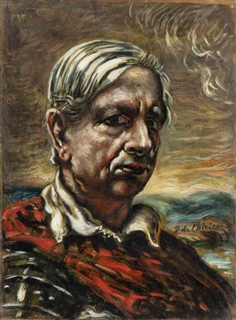 GIORGIO DE CHIRICO(Volo 1888 - Roma 1978), Autoritratto con manto rosso  1956