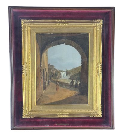 Dipinto olio su tela, periodo XIX secolo scuola italiana raffigurante Cascata...