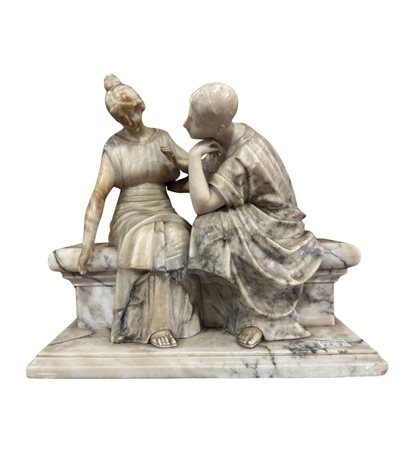 Gruppo scultoreo in marmo, raffigurante Due personaggi seduti su di una...