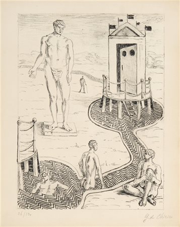 Giorgio De Chirico "L'idolo nei bagni misteriosi" 1934
litografia
cm 28,3x22,8
F