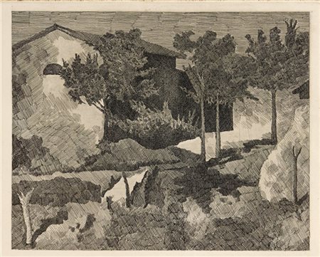 GIORGIO MORANDI "Paesaggio del Poggio" 1927
acquaforte su carta India incollata