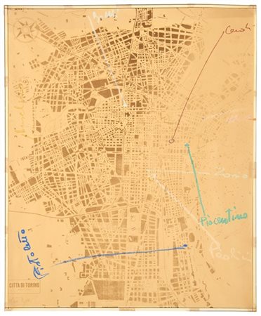 ALIGHIERO BOETTI "Cittŕ di Torino" 1968
intervento a pastello su litografia
cm 5