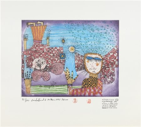 Friedensreich Hundertwasser "L'atterrissage - Die Landung" 1997
acquaforte e acq