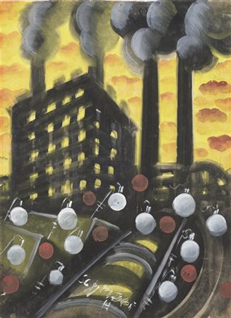 HUGO SCHEIBER "The factory" 
gouache su carta
cm 58,6x42,8
Firmato in basso al c