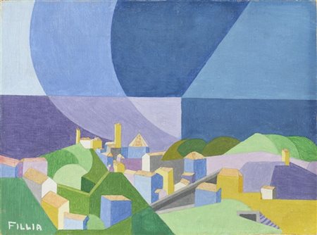 Fillia "Paese" 1926
olio su tela applicata su cartone
cm 25,2x34
Firmato in bass