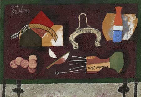 Franco Gentilini "Natura morta con biscotti" 1963
olio e collage su tela sabbiat