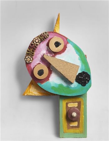 Enrico Baj "Akamba-nzo" 1993
legni, acrilici e collage
cm 38x21x7
Firmato al ret