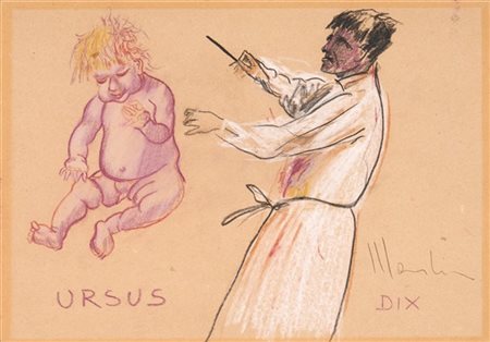 Aldo Mondino "Ursus Dix" 
pastelli su carta
cm 24,5x35
Firmato e titolato in bas