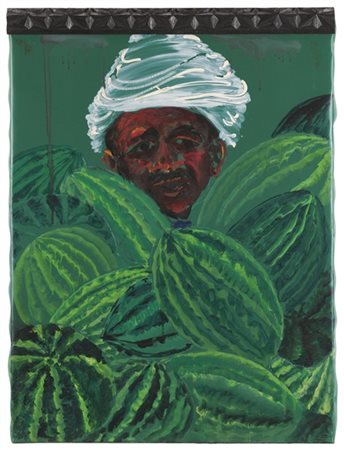 Aldo Mondino "Mercante di angurie" 1993
pittura su linoleum e cornice in legno
c