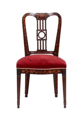  
Sedia olandese intarsiata, Luigi XVI XVIII secolo
 Altezza x larghezza x profondità: 93 x 52 x 45 cm. Altezza seduta: 50 cm.