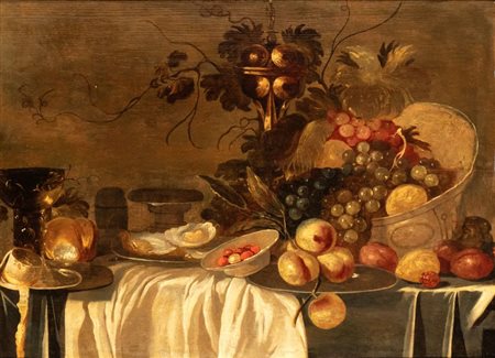 Nei modi della pittura olandese del XVII secolo  
Natura morta con frutta XVII secolo
Olio su tavola Altezza x larghezza tela: 73 x 55 cm.; con cornice: 73 x 92 cm.
