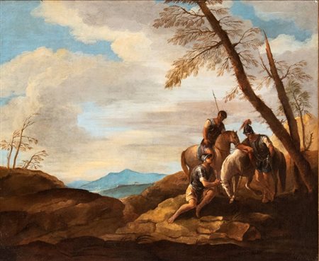 Salvator Rosa (seguace di) (Napoli, 1615 - 1673) 
Paesaggio con sosta di soldati 
Olio su tela Altezza x larghezza con cornice: 94 x 114,5 cm.