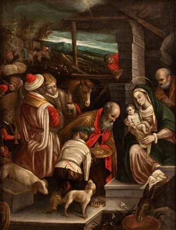 Bottega bassanesca  
Adorazione dei Magi XVII secolo
Olio su tela Altezza x larghezza tela: 116 x 88 cm.; con cornice: 129 x 100 cm.
