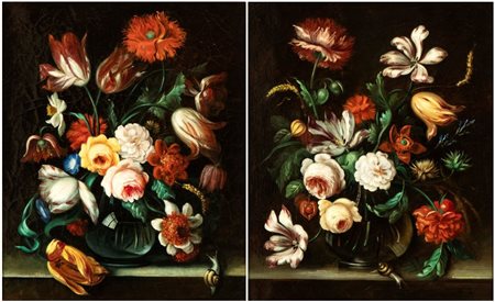 ANONIMO DELLA META’ DEL XIX SECOLO  
Coppia di nature morte con fiori XIX secolo
Olio su tela Altezza x larghezza tela: 50 x 62 cm.; con cornice: 63,5 x 74,5 cm.