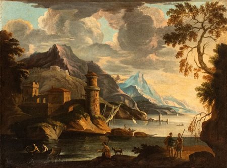 Artista italiano, XVIII secolo  
Paesaggio con baia  XVIII secolo
Olio su tela Altezza x larghezza tela: 73 x 98 cm.; con cornice: 82 x 107 cm.