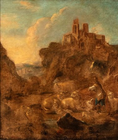 detto Rosa da Tivoli (Francoforte, 1655 - Tivoli, 1706) 
Quadro con pastore XVII secolo
Olio su tela Altezza x larghezza tela: 115 x 98 cm.; con cornice: 134 x 116 cm. 