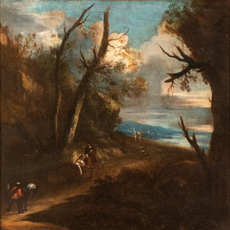 Artista fiammingo, XVIII secolo  
Paesaggio con viandanti XVIII secolo
Olio su tela Altezza x larghezza tela: 80 x 80 cm.; con cornice: 88 x 88 cm. 