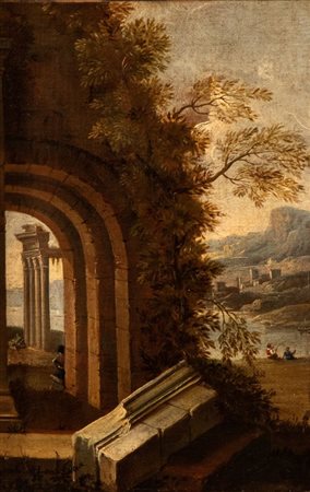 Artista attivo a Roma, XVIII secolo  
Paesaggio con architettura  XVIII secolo
Olio su tela Altezza x larghezza tela: 43 x 57 cm.; con cornice: 55 x 75,5  cm. 
