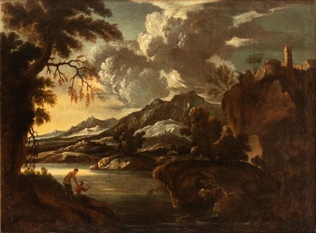 Artista italiano, XVIII secolo  
Paesaggio con lago XVIII secolo
Olio su tela Altezza x larghezza tela: 73 x 98 cm.; con cornice: 83 x 108 cm. 