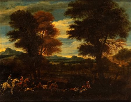Artista attivo a Roma, XVII secolo  
Paesaggio con scena di caccia XVII secolo
Olio su tela Altezza x larghezza tela: 39 x 51,5 cm.; con cornice: 60 x 65 cm. 