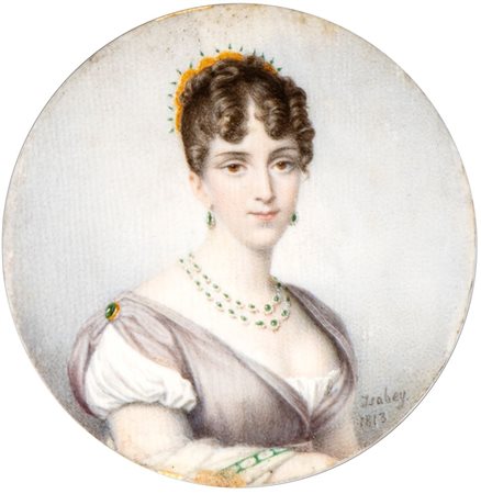 Jean Baptiste Isabey (Nancy, 1767 - Parigi, 1855) 
Ritratto di gentildonna con orecchini e collana di smeraldi 
Olio su carta Diametro: 7 cm.