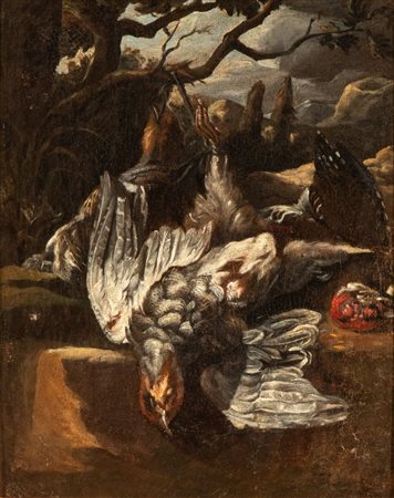Artista lombardo, XVIII secolo  
Natura morta con uccello XVIII secolo
Olio su tela Altezza x larghezza tela: 45 x 57 cm.; con cornice: 60 x 71 cm. 