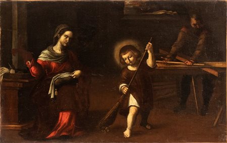 Artista centro-italiano, XVII secolo  
Sacra famiglia nella bottega di San Giuseppe XVII secolo
Olio su tela Altezza x larghezza: 72 x 46 cm.