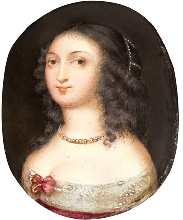 Artista attivo a Roma, XVIII secolo  
Ritratto di dama con fiocco rosso 
Olio su ceramica Altezza x larghezza: 8,5 x 7 cm.