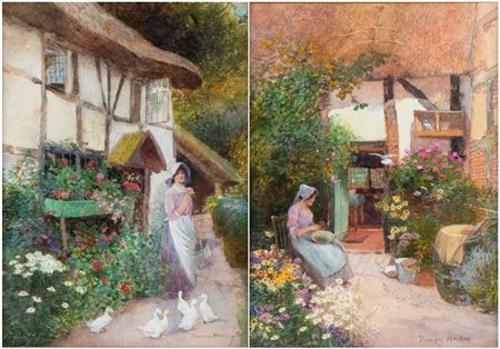 FLORENCE AGNES MACKAY (1860 - 1930) 
Coppia di acquerelli XIX secolo
 Altezza x larghezza: 25 x 18 cm; con cornice: 48 x 40 cm.