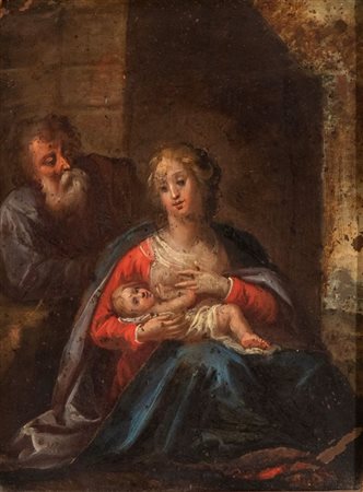 Anonimo della fine del XVII secolo   
Sacra famiglia XVII secolo
Olio su tavola Altezza x larghezza tavola: 22 x 16,5 cm.; con cornice: 26 x 21 cm.