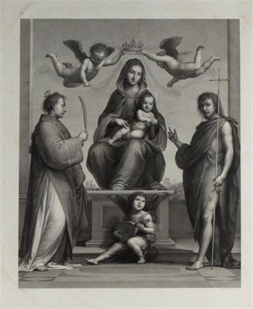  
Incisione Madonna col Bambino in trono tra i santi e angeli XIX secolo
 Altezza x larghezza x profondità: 100 x 78 x 4 cm.