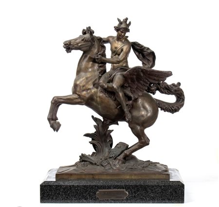 ANTOINE  COYSEVOX (copia da) (1640 - 1724) 
Scultura in bronzo raffigurante Mercurio su Pegaso XIX secolo
 Altezza x larghezza x profondità: 68 x 52 x 28 cm. Altezza base: 8 cm.
