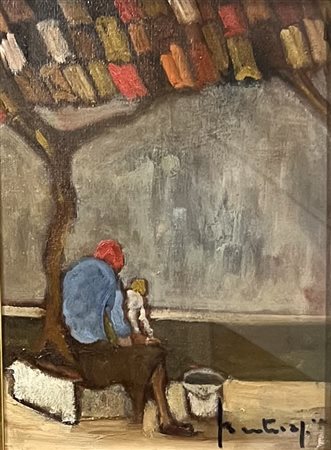 BERTUZZI GUIDO Mil (MI) 1939 Lavandaia Olio su tela 24,00x18,00 Certificato...