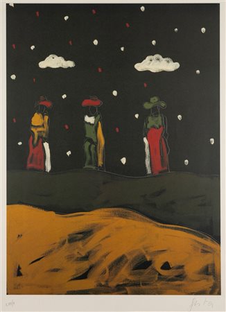 Tano Festa (Roma 1938 - 1988)  - Paesaggio con tre personaggi,  