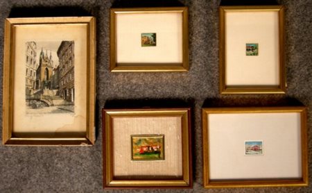 Cinque piccole miniature raff. ''SOGGETTI VARI''. XX secolo. In cornice.