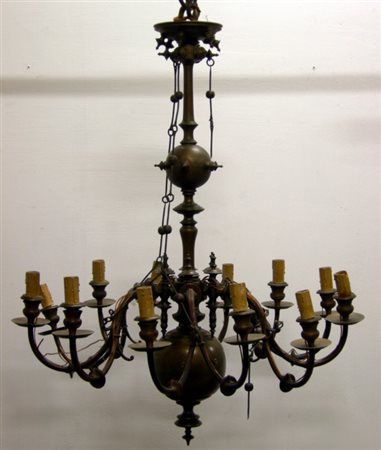 Lampadario in bronzo patinato a dodici luci. Nord Europa. Fine XIX secolo....