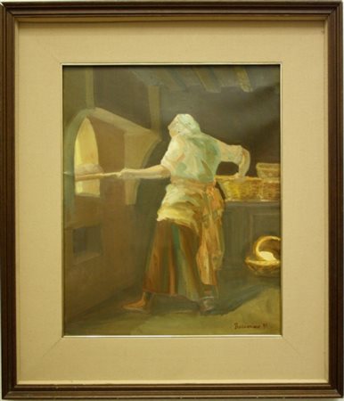 Dipinto olio su tela raff. ''FORNAIO''. Firma non identificata in basso a...