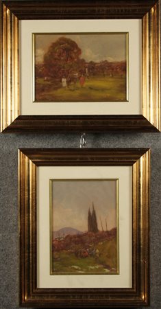 Due dipinti olio su tavola raff. ''PAESAGGIO CON PERSONAGGI''. Firmati...