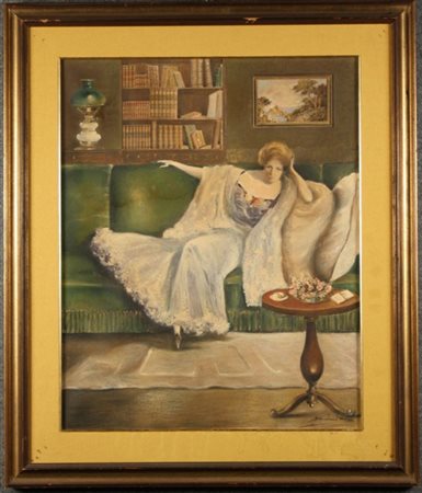 Tempera su cartone raff. ''DONNA IN POSA SUL DIVANO''. Firma non identificata...