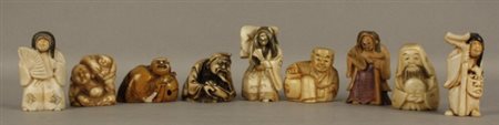 Nove netsuke in avorio, soggetti vari. Cina. Inizi XX secolo.