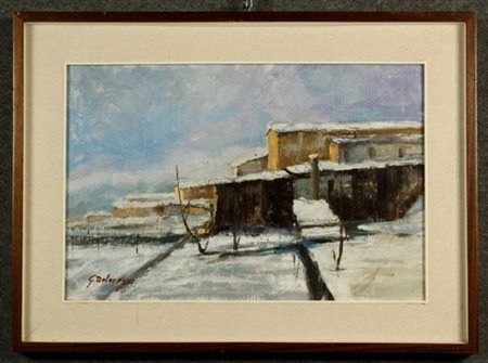 DE LORENZI GINO - Nato a Brescia nel 1939. Dipinto olio su tela raff. ''CASE...