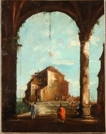 Dipinto olio su tela raff. ''CAPRICCIO VENEZIANO''. Rintelato e rintelaiato....