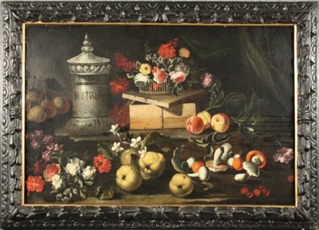 Dipinto olio su tela raff. ''NATURA MORTA CON FIORI, FRUTTA E VASO PER LA...