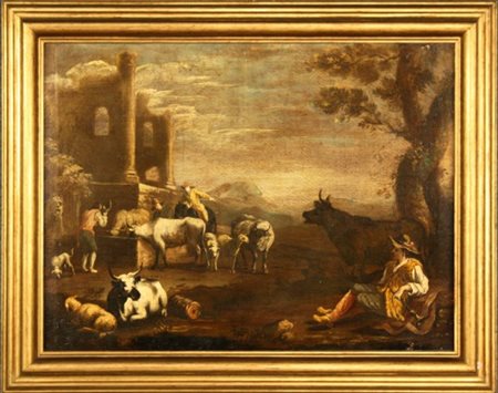 Dipinto olio su tela raff. ''PAESAGGIO CON ANIMALI E PASTORI''. XVIII secolo....